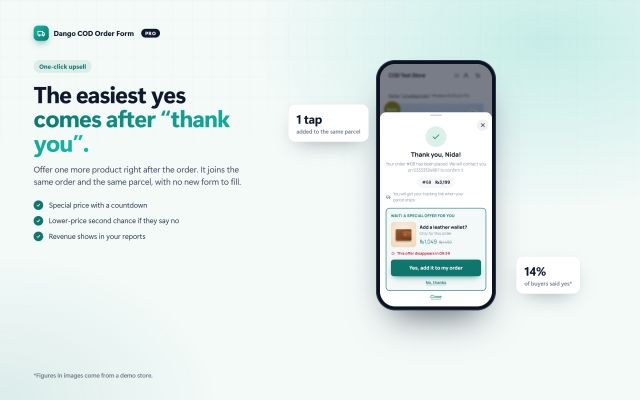 One-click upsell after the order, added to the same parcel (Pro)
