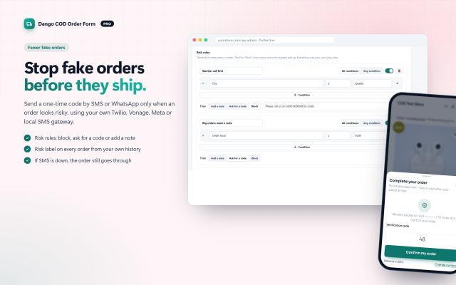 One-time codes and risk rules stop fake orders (Pro)