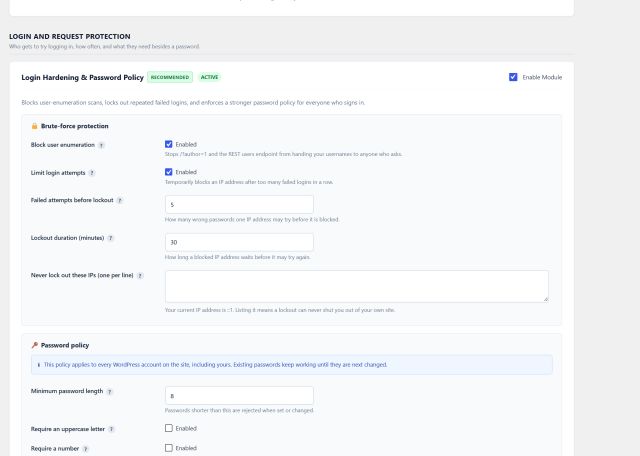 Login lockout and password policy, with two-factor login alongside (Pro)