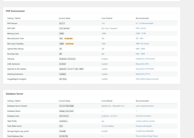 Diagnostics flag PHP, database and server settings below recommended values