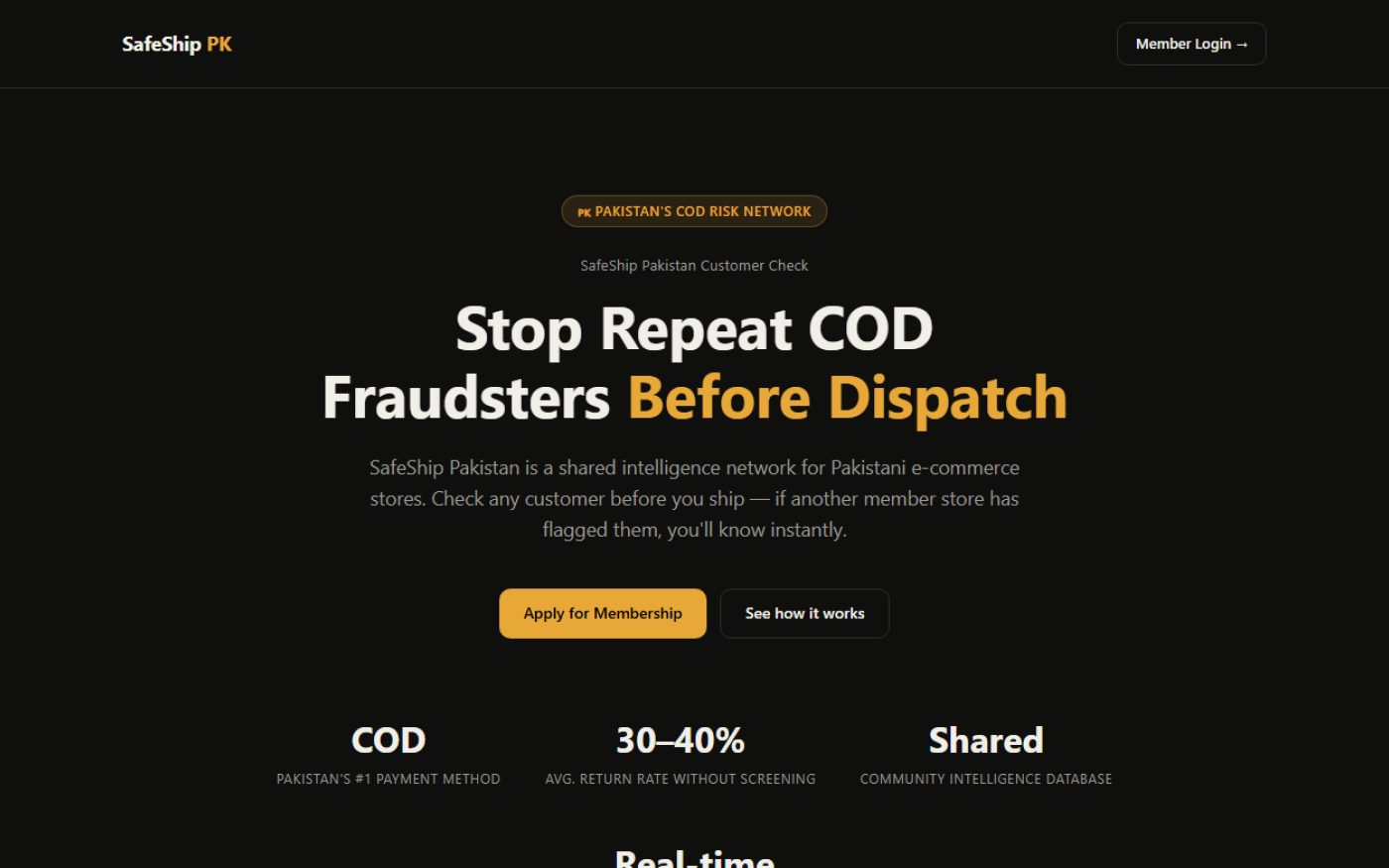 SafeShip COD fraud prevention dashboard